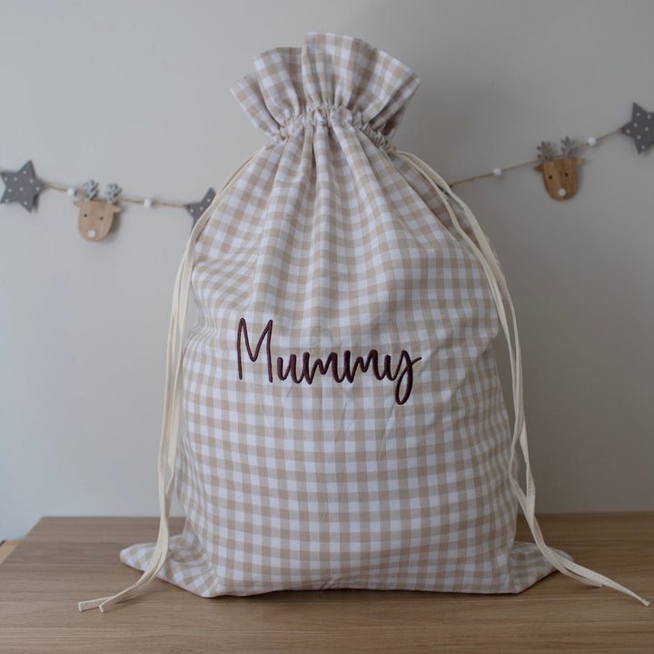 Mabel & Fox - Personalised Beige Gingham Gift Sack - Embroidered - Mabel & Fox
