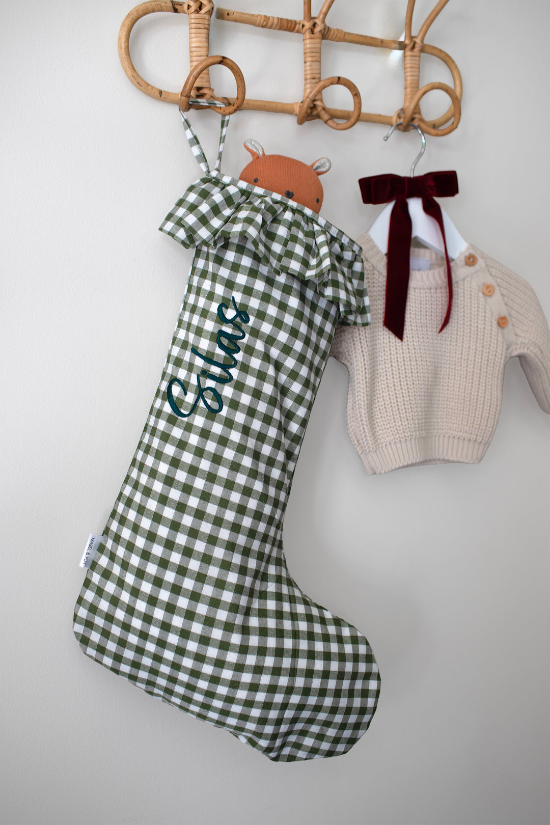 Mabel & Fox - Personalised Green Gingham Stocking - Embroidered - Mabel & Fox
