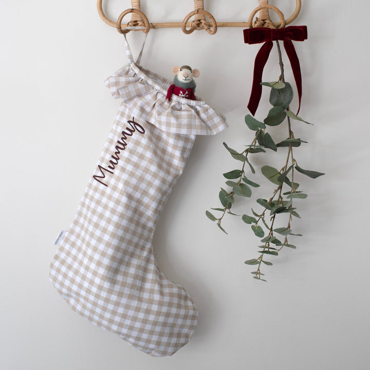 Mabel & Fox - Personalised Beige Gingham Stocking - Embroidered - Mabel & Fox