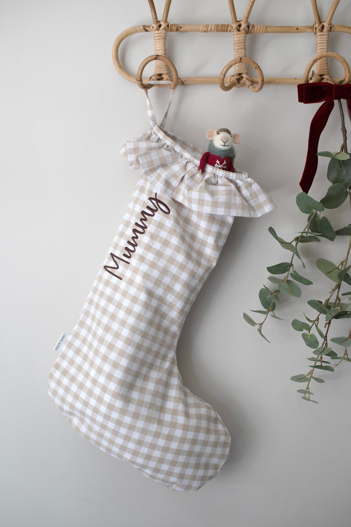 Mabel & Fox - Personalised Beige Gingham Stocking - Embroidered - Mabel & Fox