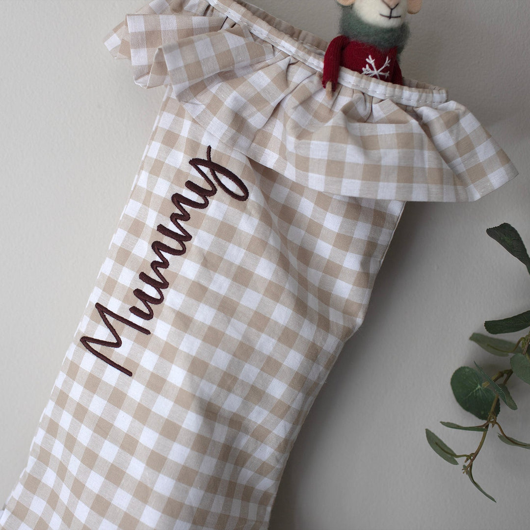 Mabel & Fox - Personalised Beige Gingham Stocking - Embroidered - Mabel & Fox