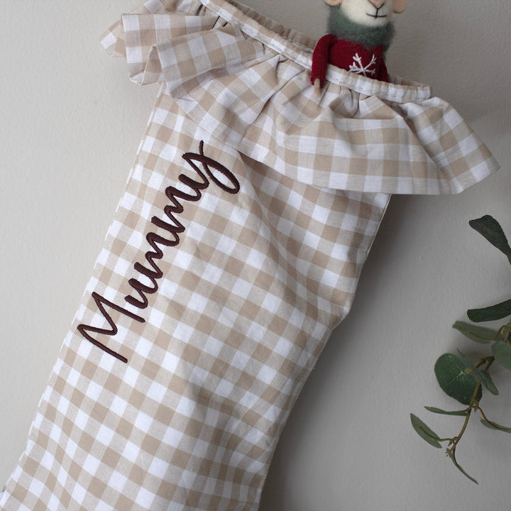 Mabel & Fox - Personalised Beige Gingham Stocking - Embroidered - Mabel & Fox