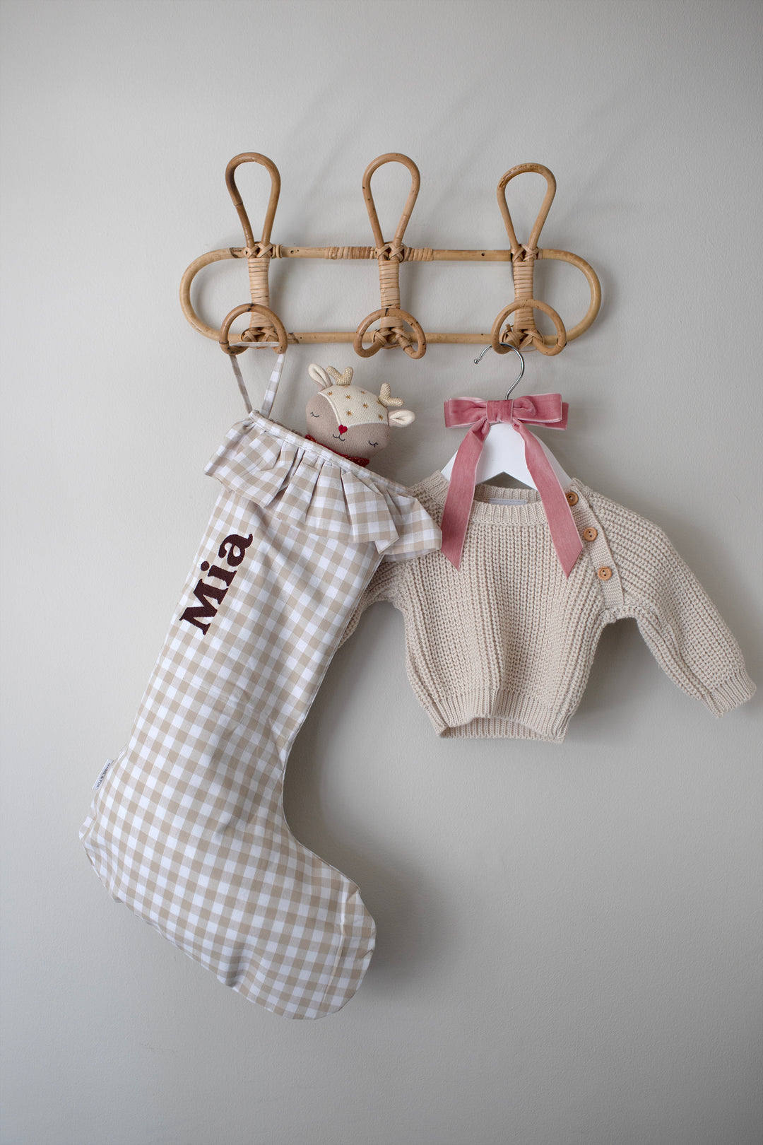 Mabel & Fox - Personalised Beige Gingham Stocking - Embroidered - Mabel & Fox