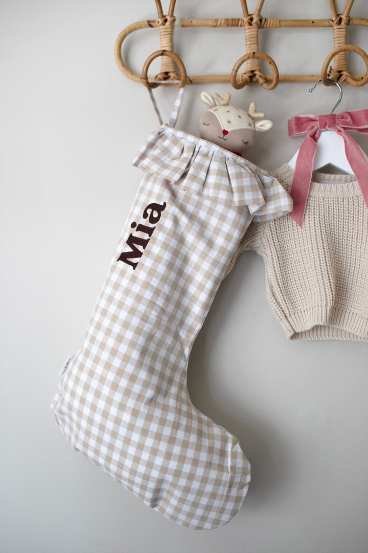 Mabel & Fox - Personalised Beige Gingham Stocking - Embroidered - Mabel & Fox