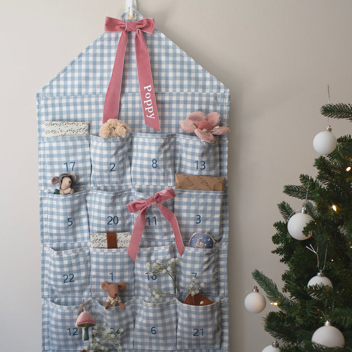 Mabel & Fox - Personalised Blue Gingham Advent Calendar - Velvet Bow