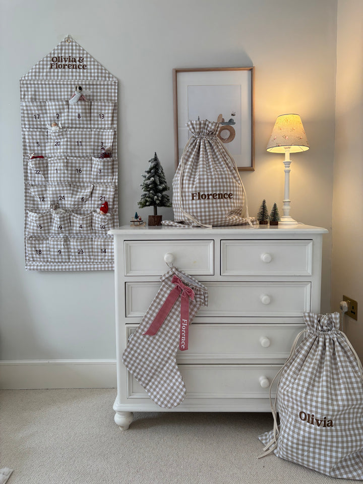Mabel & Fox - Personalised Beige Gingham Gift Sack - Embroidered