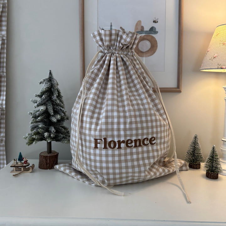 Mabel & Fox - Personalised Beige Gingham Gift Sack - Embroidered