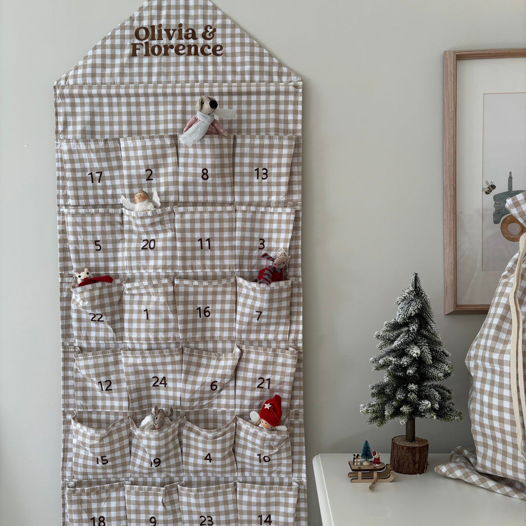 Mabel & Fox - Personalised Beige Gingham Advent Calendar - Embroidered