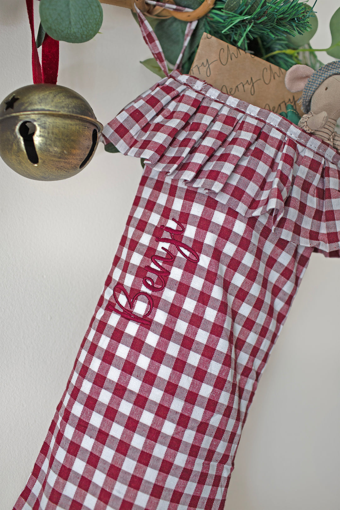 Mabel & Fox - Personalised Red Gingham Stocking - Embroidered