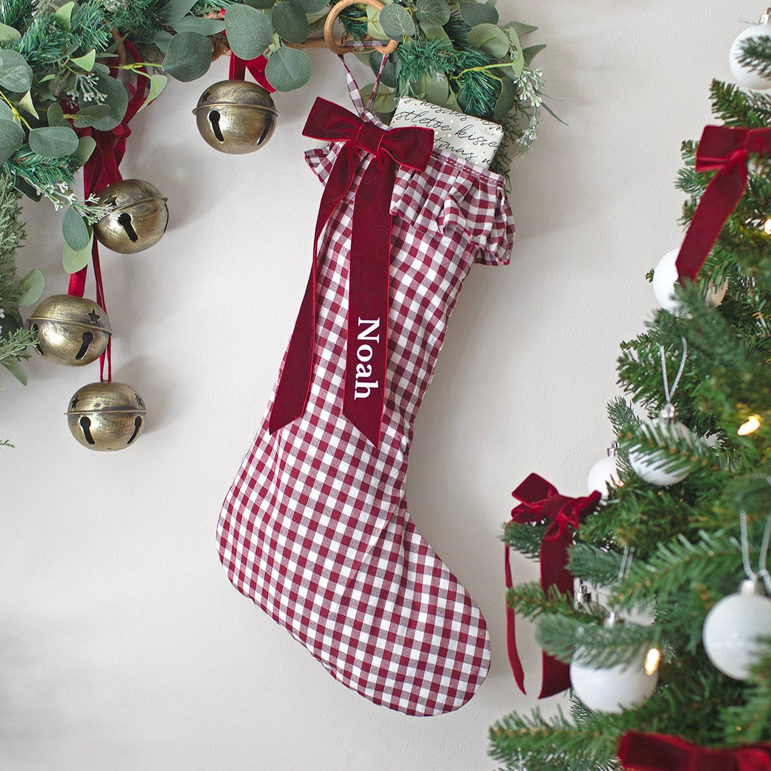 Mabel & Fox - Personalised Red Gingham Stocking - Velvet Bow