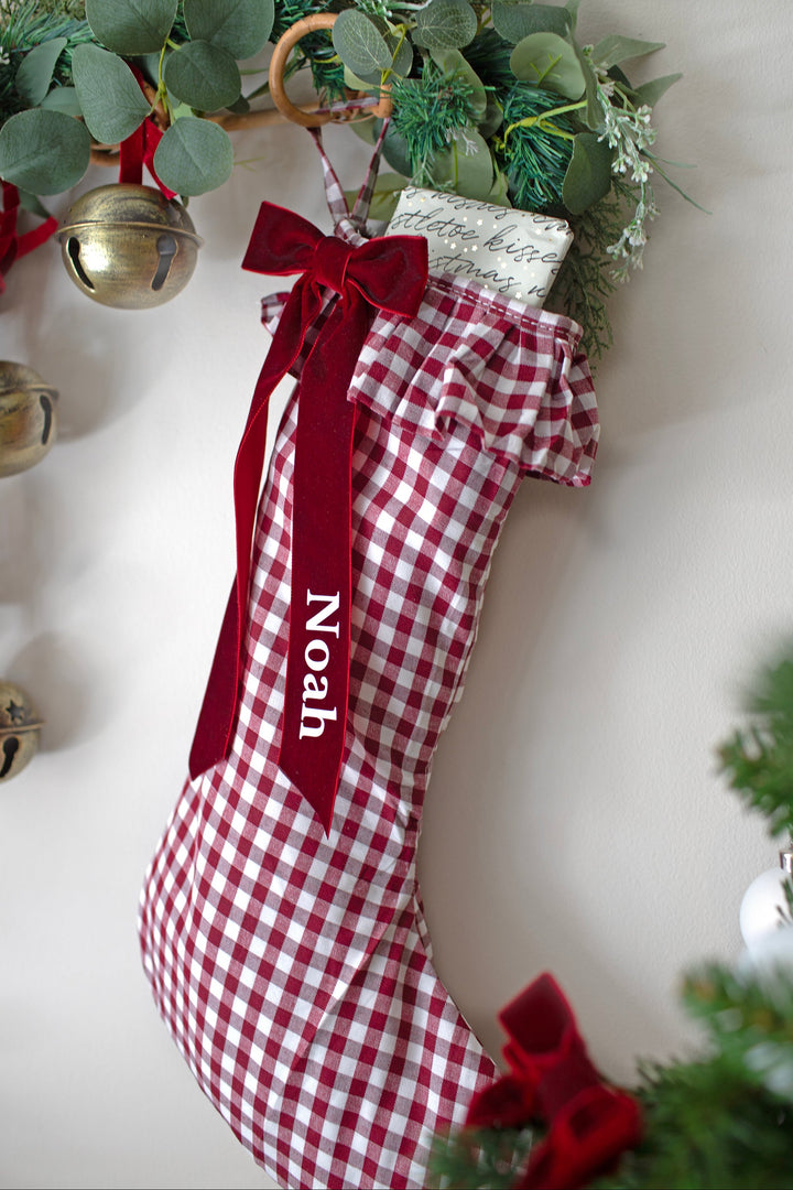 Mabel & Fox - Personalised Red Gingham Stocking - Velvet Bow