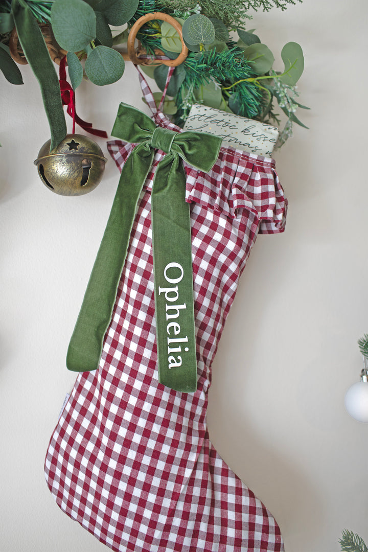 Mabel & Fox - Personalised Red Gingham Stocking - Velvet Bow