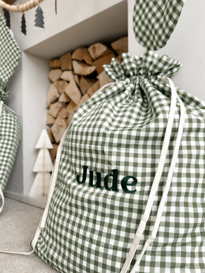 Mabel & Fox - Personalised Green Gingham Gift Sack - Embroidered