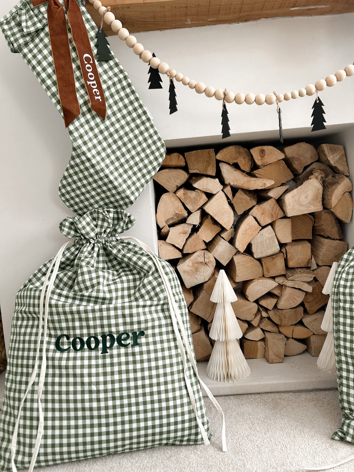 Mabel & Fox - Personalised Green Gingham Gift Sack - Embroidered