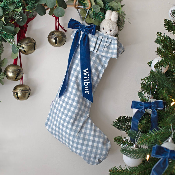 Mabel & Fox - Personalised Blue Gingham Stocking - Velvet Bow