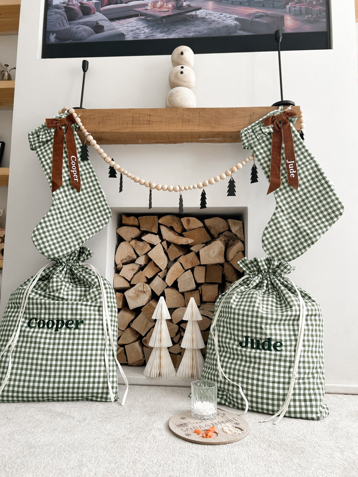 Mabel & Fox - Personalised Green Gingham Gift Sack - Embroidered
