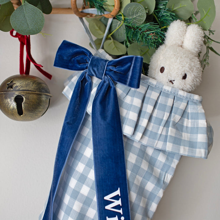 Mabel & Fox - Personalised Blue Gingham Stocking - Velvet Bow