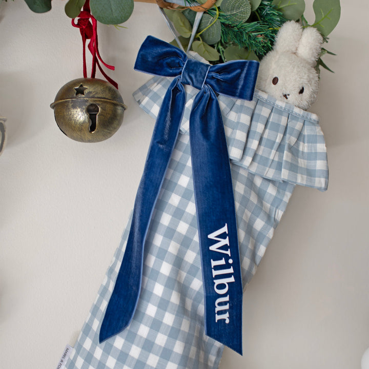 Mabel & Fox - Personalised Blue Gingham Stocking - Velvet Bow