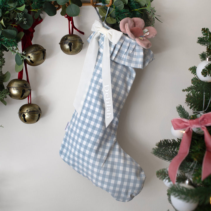 Mabel & Fox - Personalised Blue Gingham Stocking - Velvet Bow
