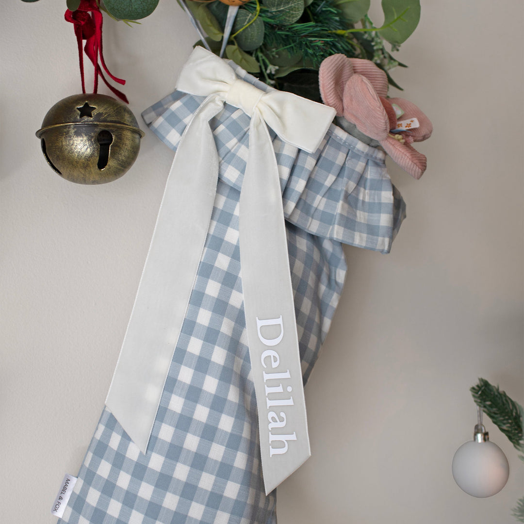 Mabel & Fox - Personalised Blue Gingham Stocking - Velvet Bow
