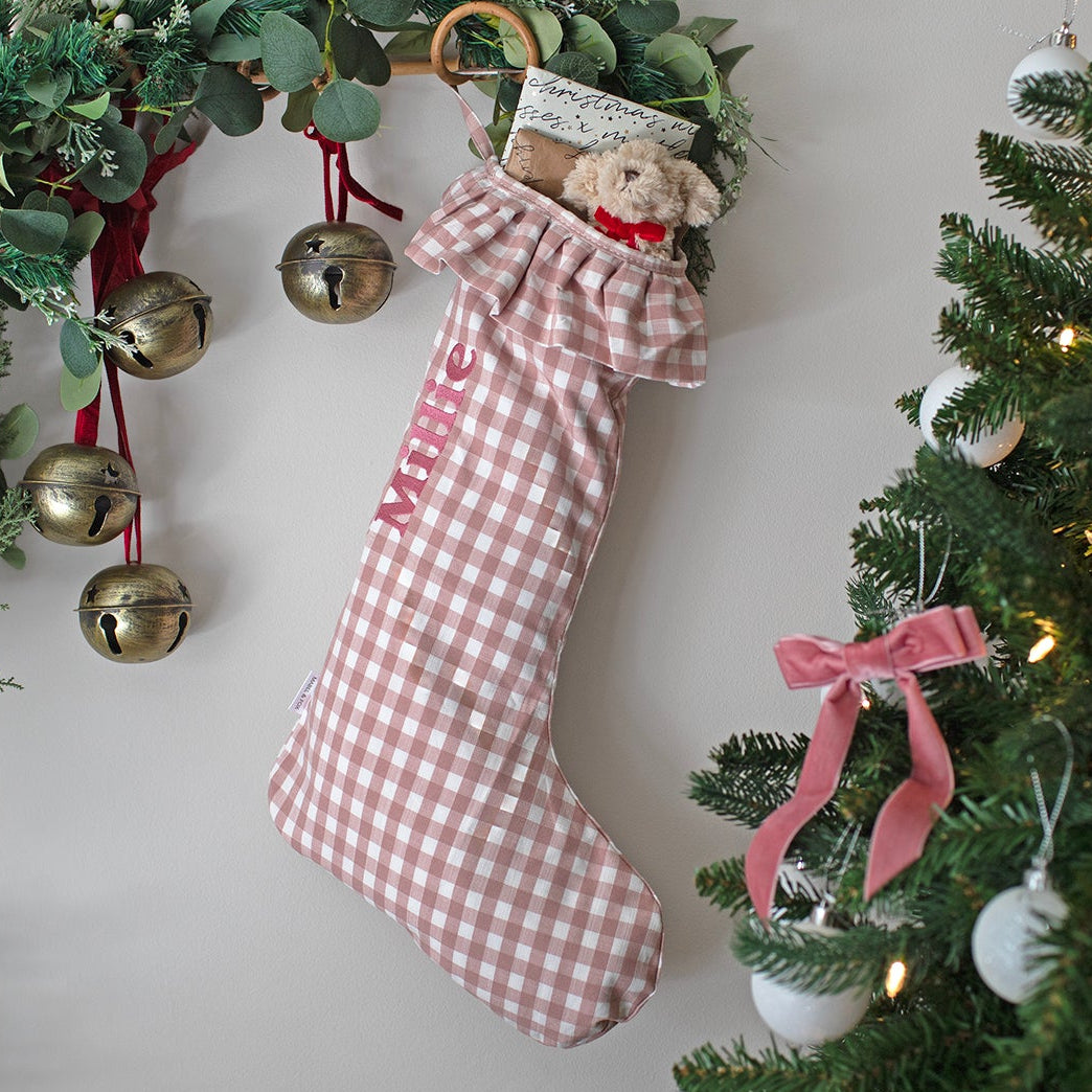 Mabel & Fox - Personalised Pink Gingham Stocking - Embroidered