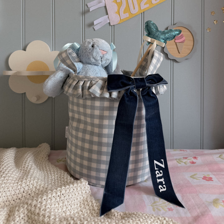 Mabel & Fox - Personalised Blue Gingham Ruffle Basket - Velvet Bow