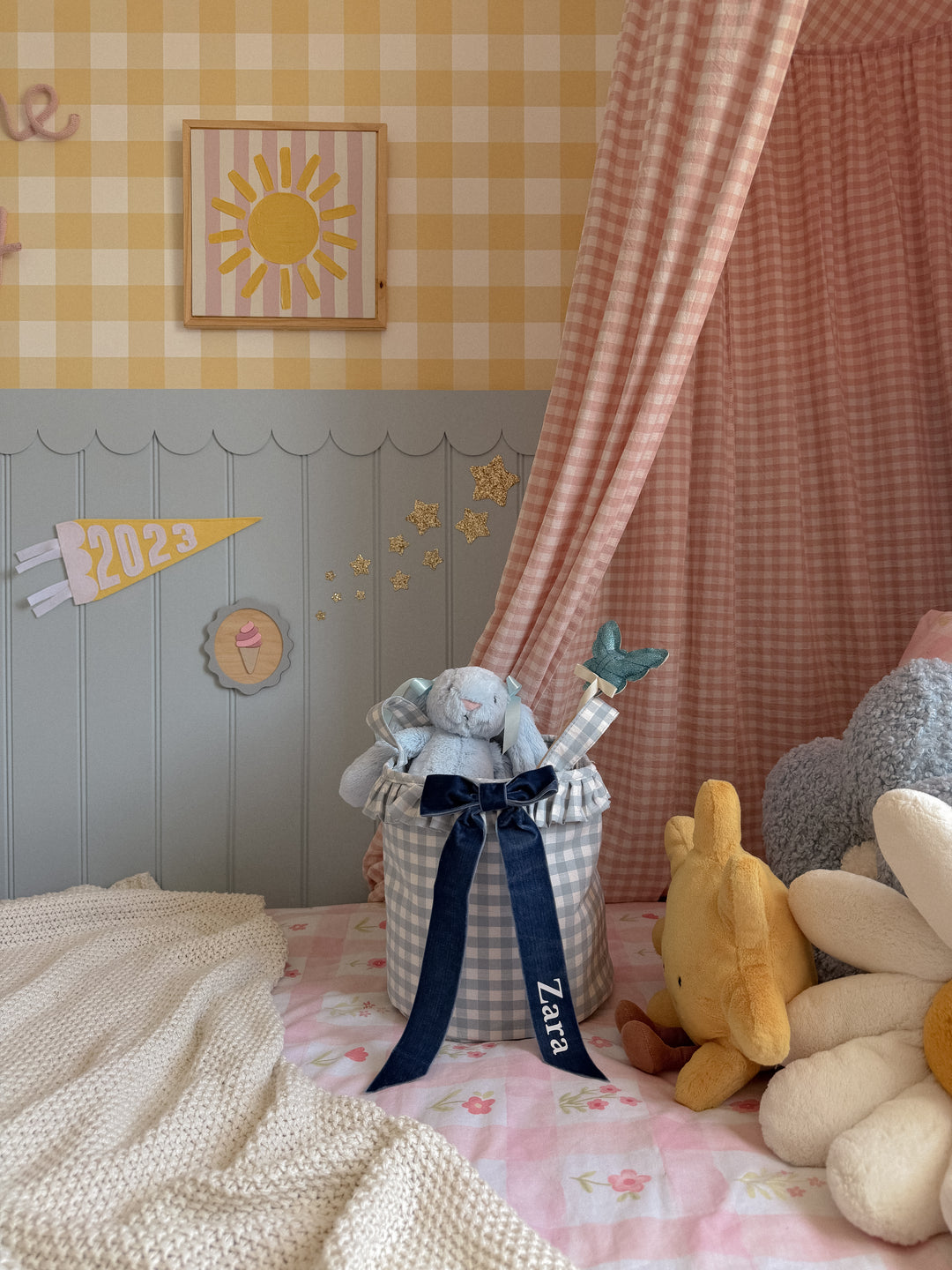 Mabel & Fox - Personalised Blue Gingham Ruffle Basket - Velvet Bow