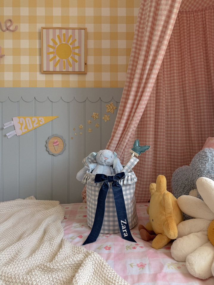 Mabel & Fox - Personalised Blue Gingham Ruffle Basket - Velvet Bow