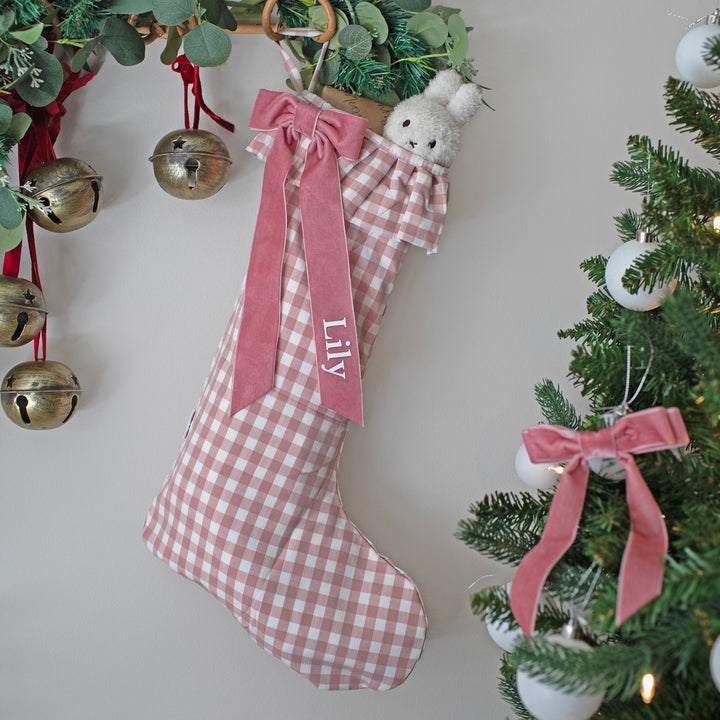 Mabel & Fox - Personalised Pink Gingham Stocking - Velvet Bow
