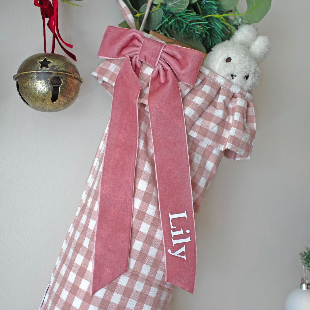 Mabel & Fox - Personalised Pink Gingham Stocking - Velvet Bow