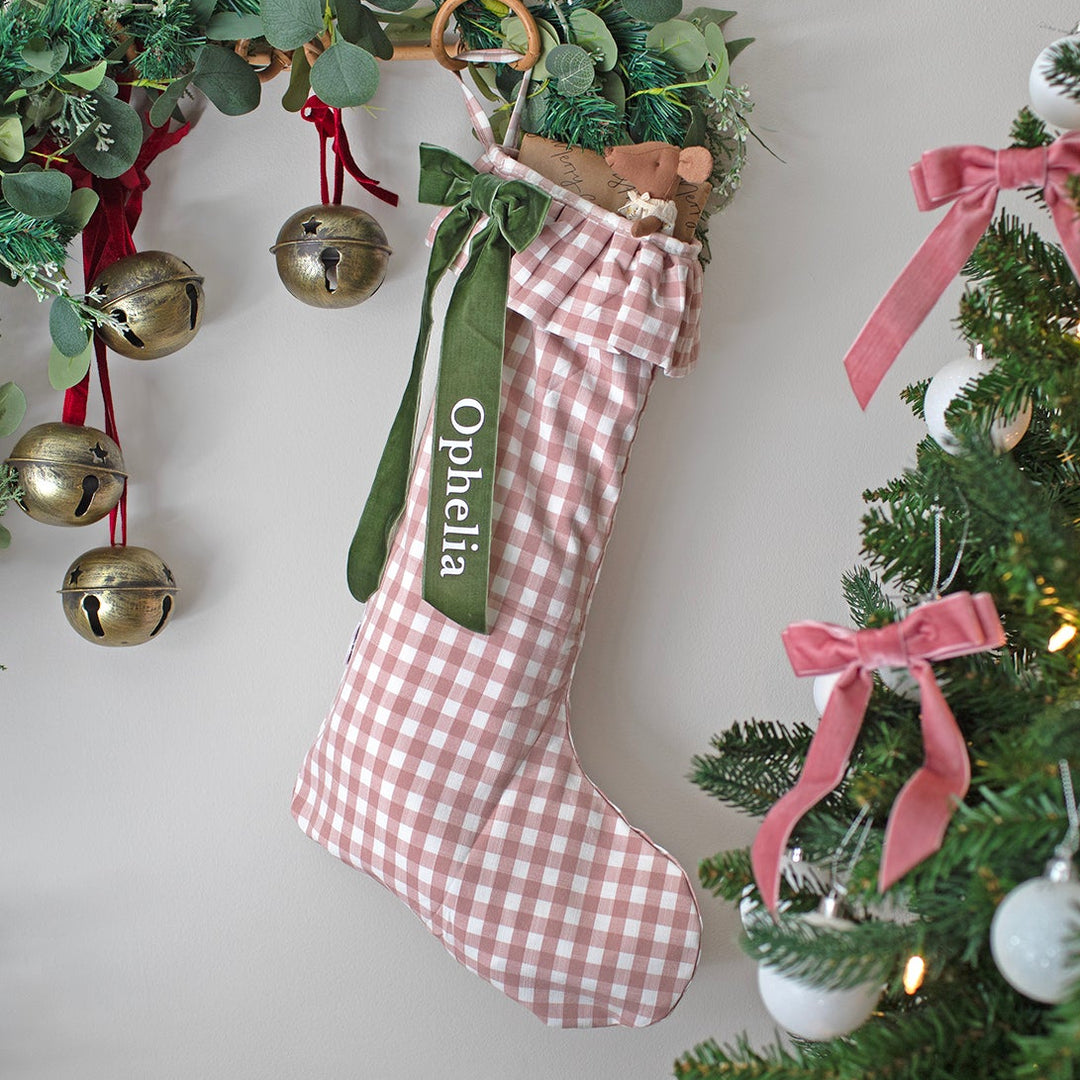 Mabel & Fox - Personalised Pink Gingham Stocking - Velvet Bow
