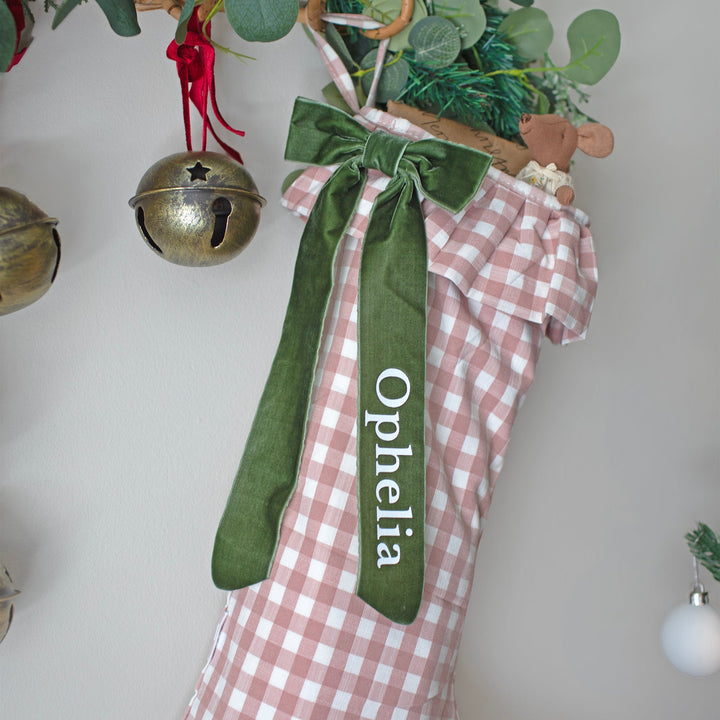 Mabel & Fox - Personalised Pink Gingham Stocking - Velvet Bow