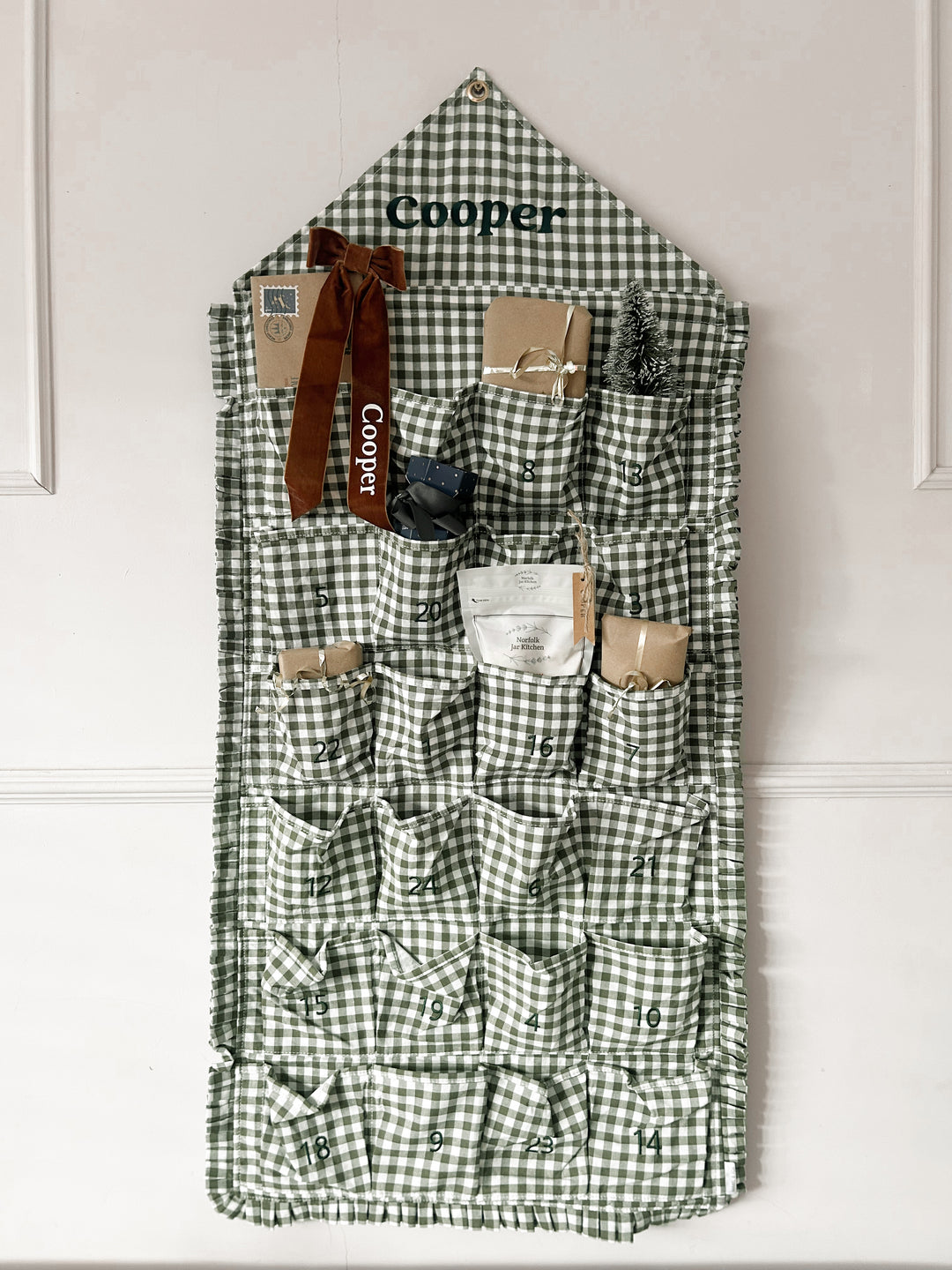 Mabel & Fox - Personalised Green Gingham Ruffle Advent Calendar - Embroidered