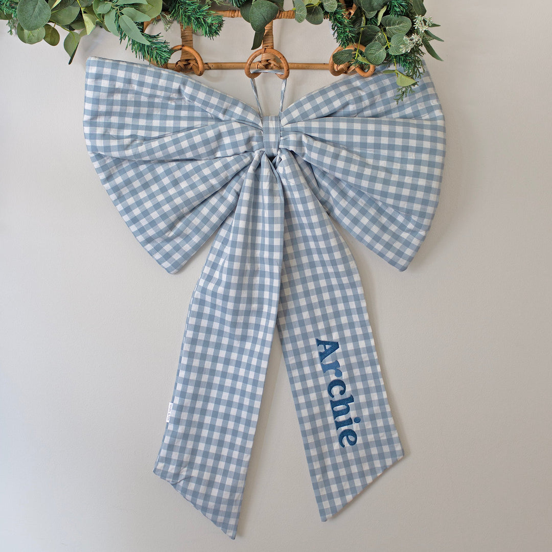 Mabel & Fox - Personalised Blue Gingham Bow - Embroidered