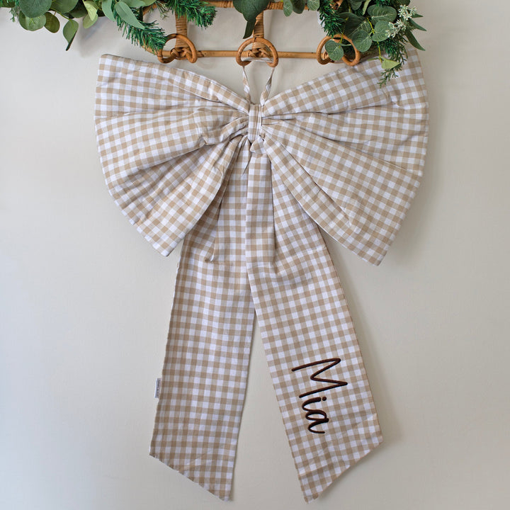 Mabel & Fox - Personalised Beige Gingham Bow - Embroidered