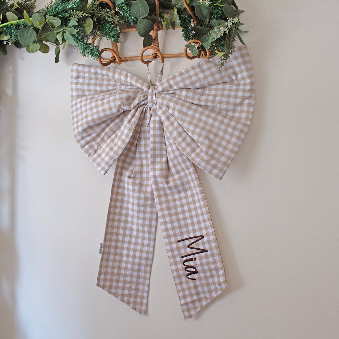 Mabel & Fox - Personalised Beige Gingham Bow - Embroidered