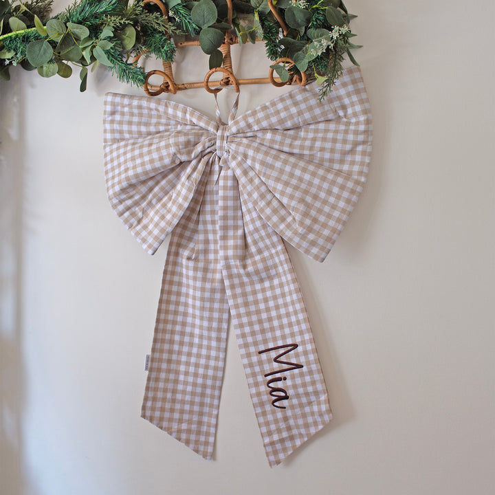 Mabel & Fox - Personalised Beige Gingham Bow - Embroidered