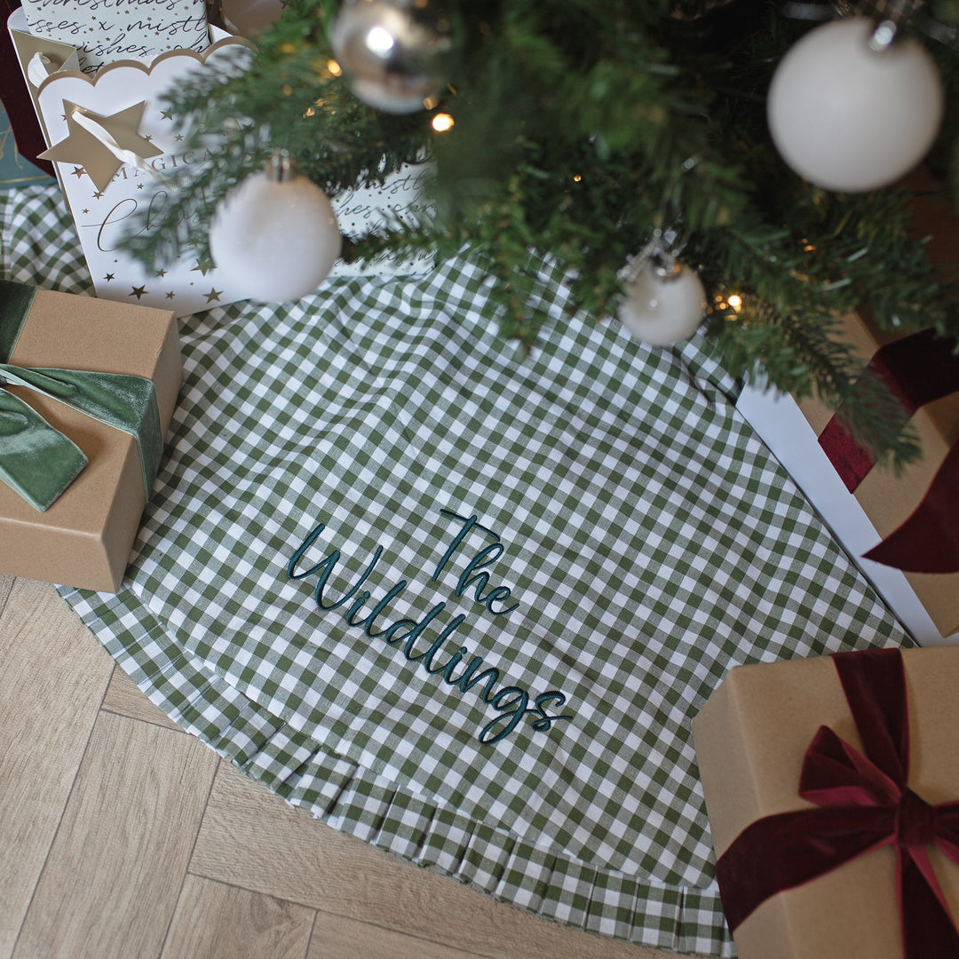Mabel & Fox - Personalised Green Gingham Ruffle Tree Skirt - Embroidered