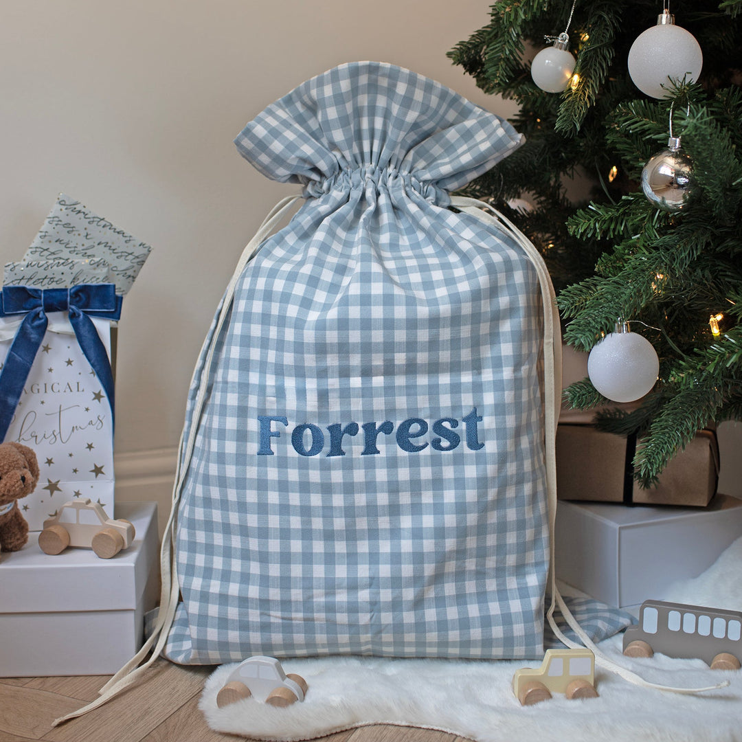 Mabel & Fox - Personalised Blue Gingham Gift Sack - Embroidered