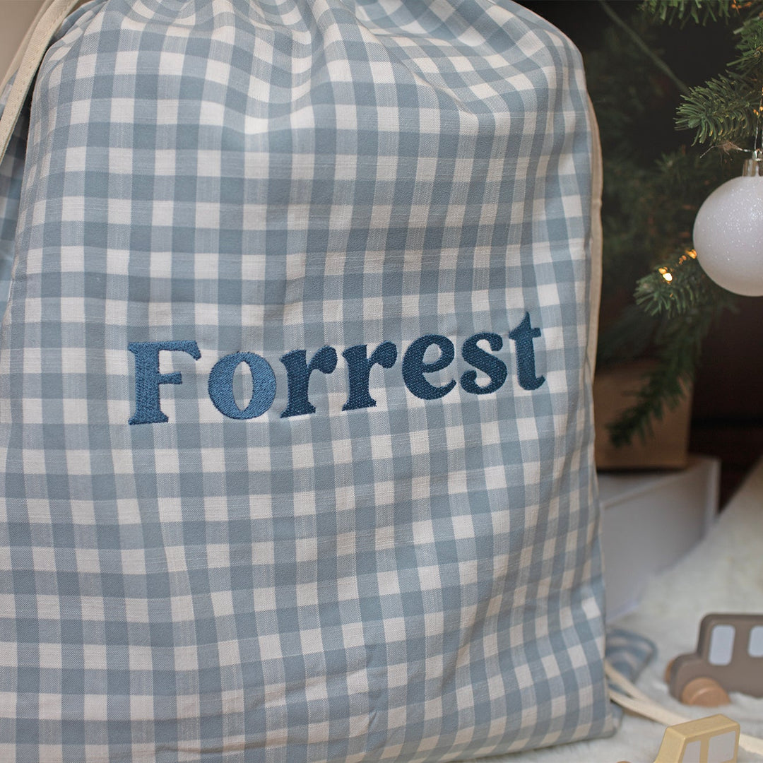 Mabel & Fox - Personalised Blue Gingham Gift Sack - Embroidered