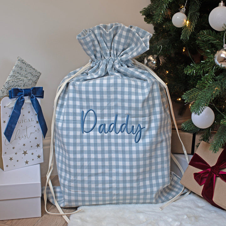 Mabel & Fox - Personalised Blue Gingham Gift Sack - Embroidered