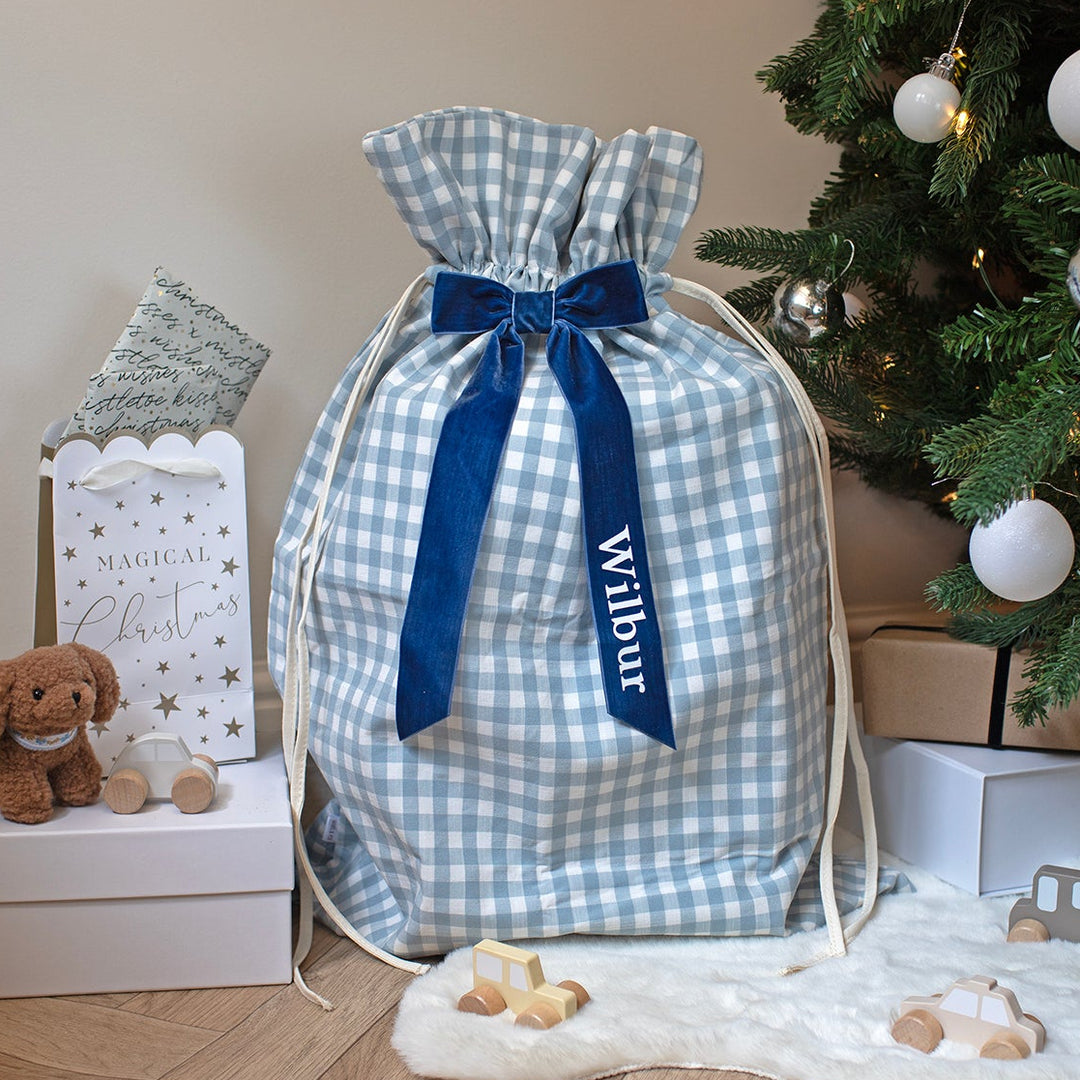 Mabel & Fox - Personalised Blue Gingham Gift Sack - Velvet Bow