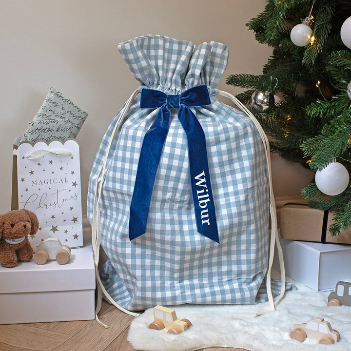 Mabel & Fox - Personalised Blue Gingham Gift Sack - Velvet Bow