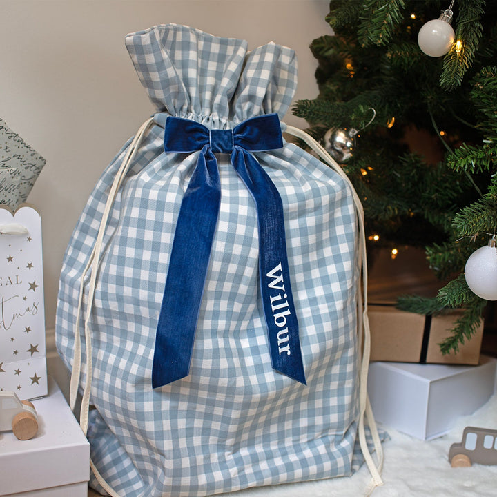 Mabel & Fox - Personalised Blue Gingham Gift Sack - Velvet Bow