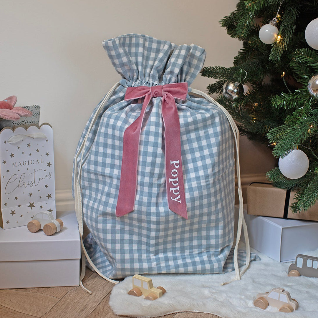 Mabel & Fox - Personalised Blue Gingham Gift Sack - Velvet Bow