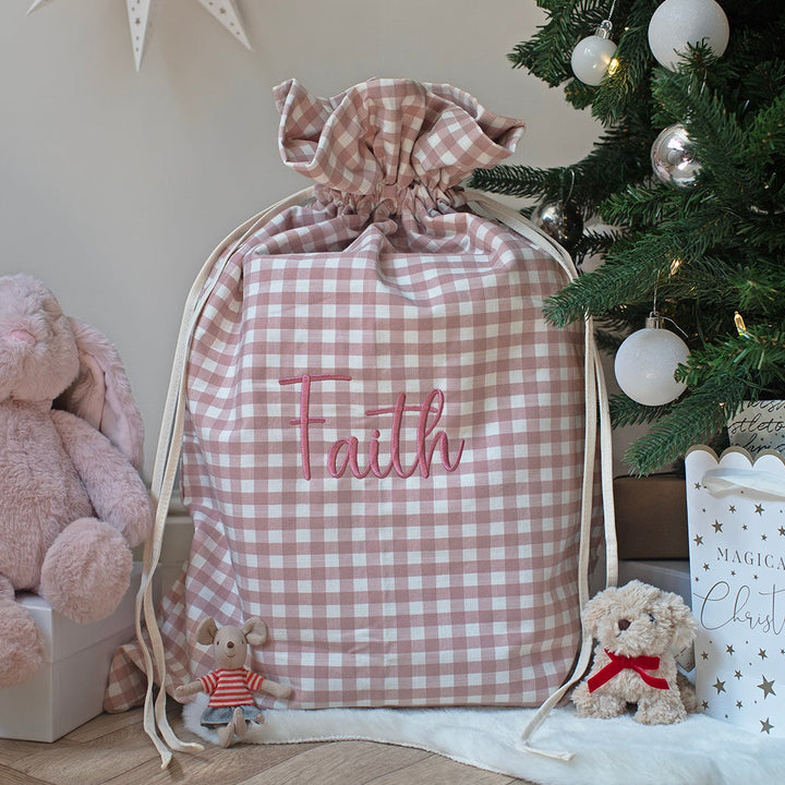 Mabel & Fox - Personalised Pink Gingham Gift Sack - Embroidered
