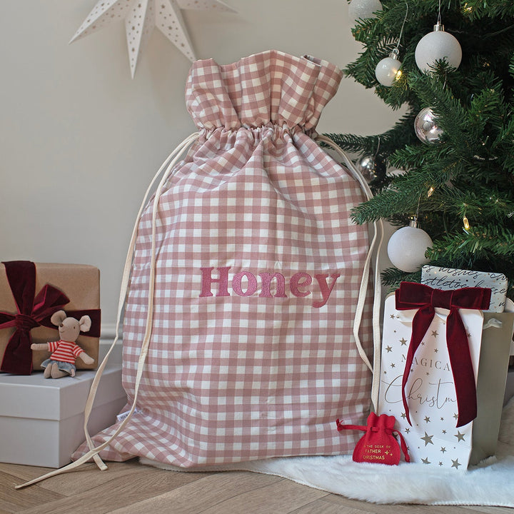 Mabel & Fox - Personalised Pink Gingham Gift Sack - Embroidered