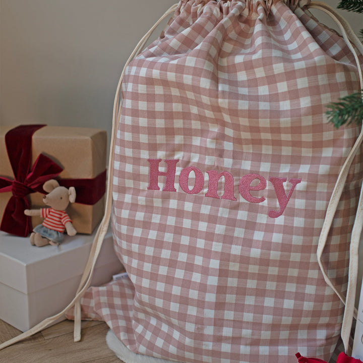 Mabel & Fox - Personalised Pink Gingham Gift Sack - Embroidered