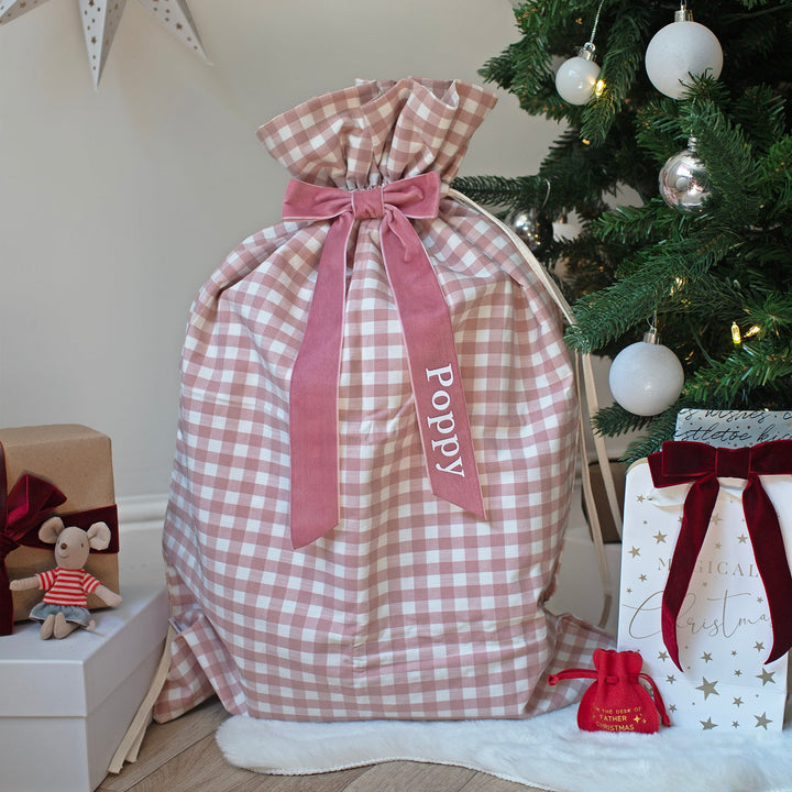 Mabel & Fox - Personalised Pink Gingham Gift Sack - Velvet Bow