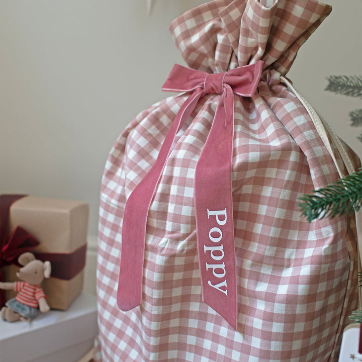 Mabel & Fox - Personalised Pink Gingham Gift Sack - Velvet Bow